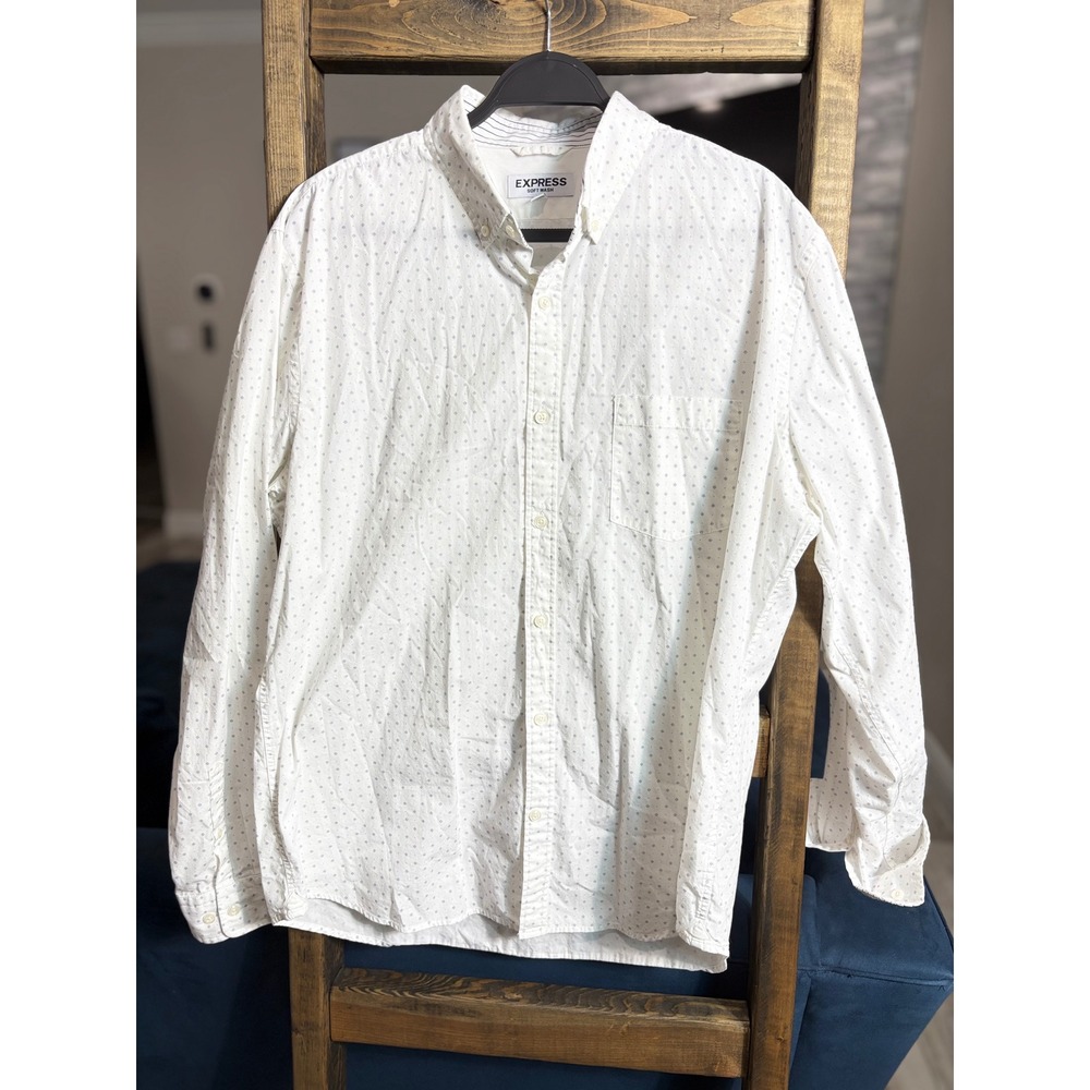 Express Soft Wash Mens XL White Blue Micro‎ Dot Long Sleeve Button Down Shirt